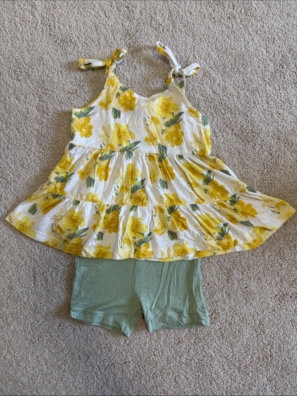 Kate Quinn Yellow Floral Tiered Tank Top with Green Shorts Set